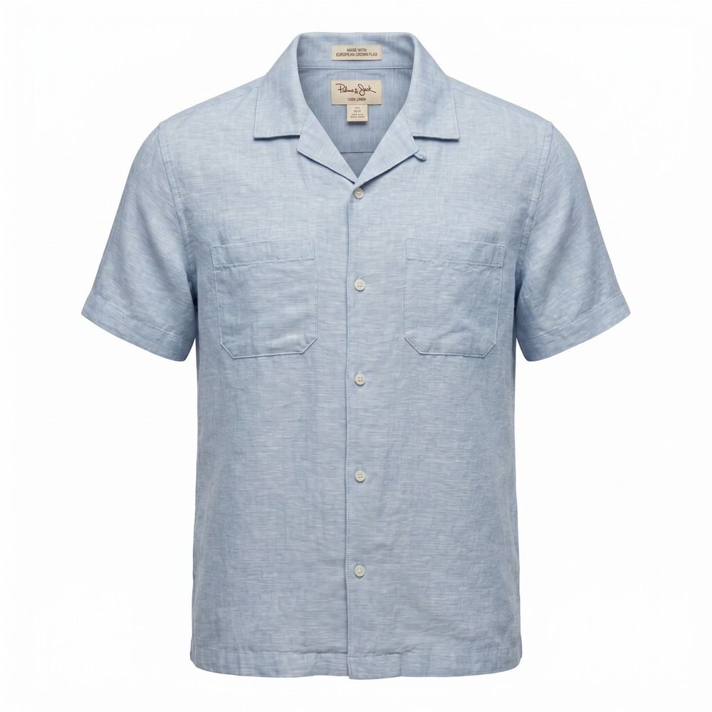 PANAMA JACK Mens L Linen Camp Shirt Light Blue Short Sleeve Button Up NWT